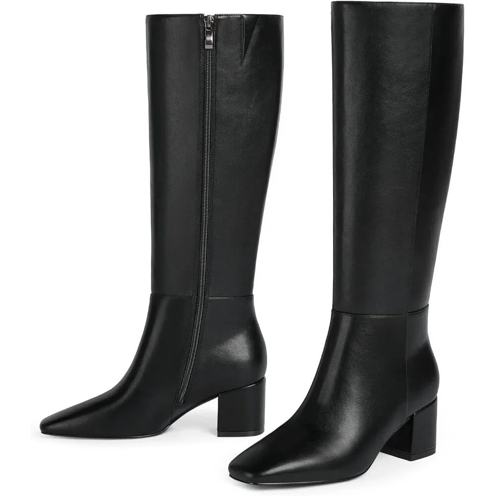 Women's Black Knee High Boots Square Toe Tall Chunky Heel Rubber